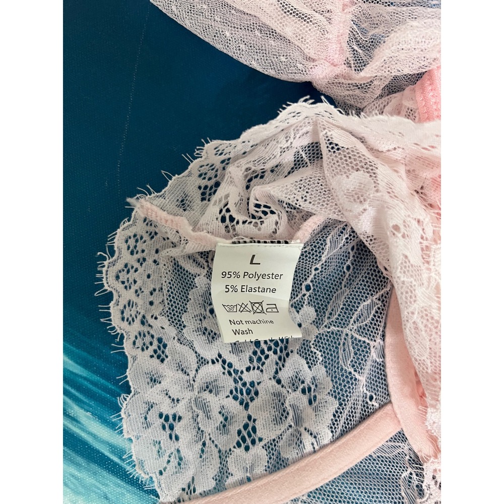 Pink Floral Lace Corset Bustier Top Off Shoulder Mesh Puff Sleeve Coquette SizeL - Picture 8 of 10